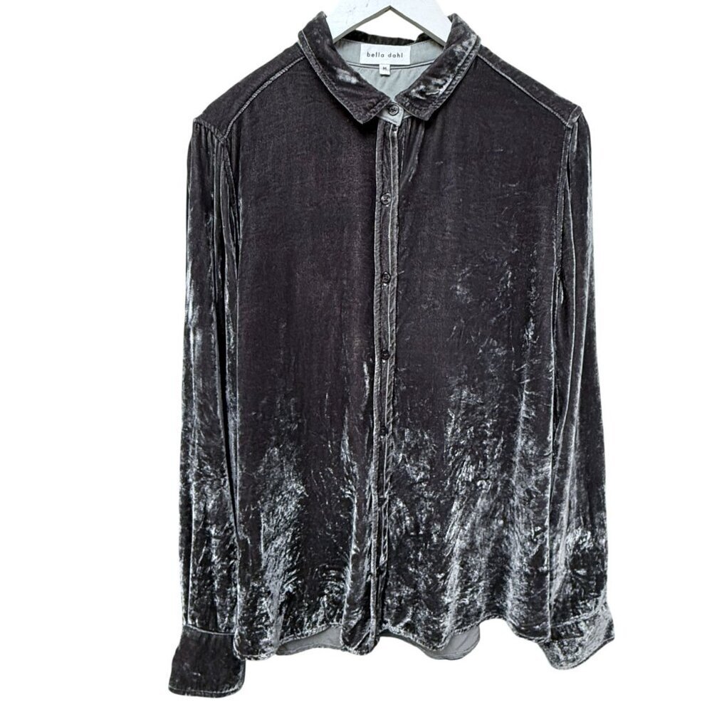 BELLA DAHL Gray Silk Blend Velvet Top Medium Button Down Long Sleeve Blouse